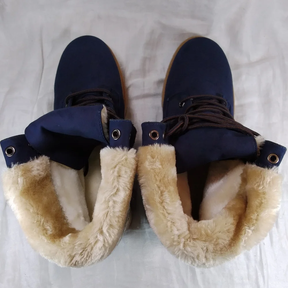 DREAM PAIRS Navy Blue BOOTS Womens Size 10 Faux Fur Lined Lace Up Fold Ankle